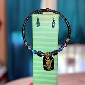 Chico’s Vintage Glass Leather Cuff Chocker & Matching Glass Drop Earring Set